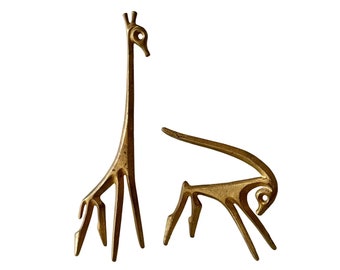 Pair Vintage Mid Century Modern Frederic Weinberg Bronze Sculptures Giraffe and Gazelle Form