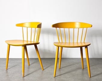 Vintage Pair Yellow Spindle Back Danish Chairs 1960s Mid Century Modern Scandinavian