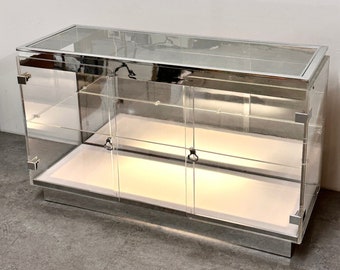 Vintage Mid Century Modern Lucite Chrome Glass Display Cabinet 1970s Charles Hollis Jones Style