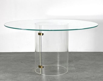 Vintage Mid Century Modern Lucite Brass Glass Round Pedestal Dining Table 1970s