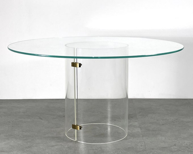 Vintage Mid Century Modern Lucite Brass Glass Round Pedestal Dining Table 1970s