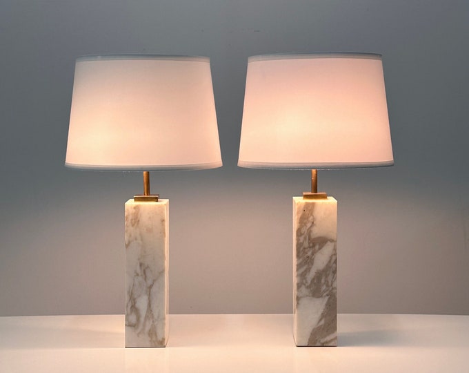 Vintage Pair Marble and Brass Table Lamps by TH Robsjohn Gibbings for Hansen New York 1950s Mid Century Modern