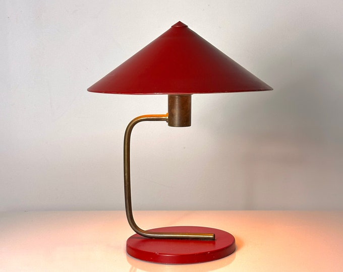 ON HOLD Vintage Walter Von Nessen Red Aluminum and Brass Canopy Table Lamp Art Deco 1930s