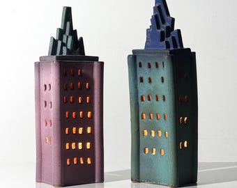 Pair of Post Modern Ceramic Skyscraper Building Sculpture Lamps by Doug Spalding Studio Pottery 1990s