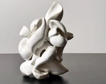 Vintage Organic Abstract Ceramic Sculpture in Matte White by Lorraine Goldberg 1980s