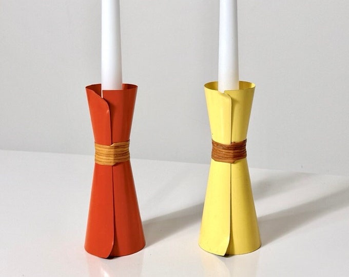 Pair Laurids Lonborg Enamel Rattan Folded Sculptural Candlesitck Holders Mid Century Danish Modern 1960s