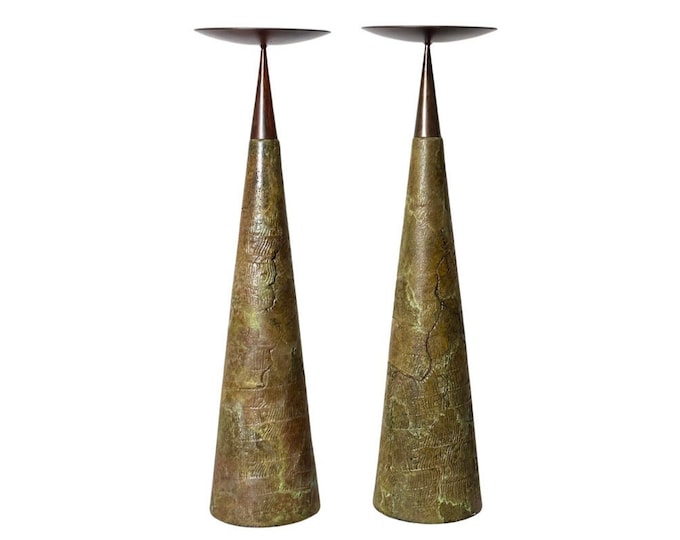 Monumental Pair of Tony Evans Ceramic Bronze Conical Pillar Candlesticks 1980s