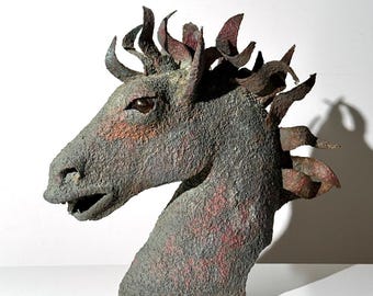Mid Century Large Brutalist Horse Head Sculpture in Bronze by Ricardo Preciado 1960s