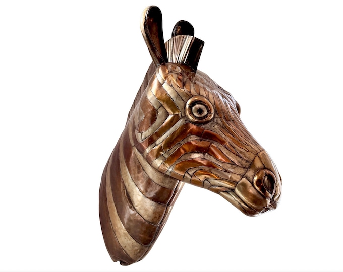 Signed Sergio Bustamante Brass Copper Zebra Mount Wall Sculpture Mexico Mid Century Modern 1970s