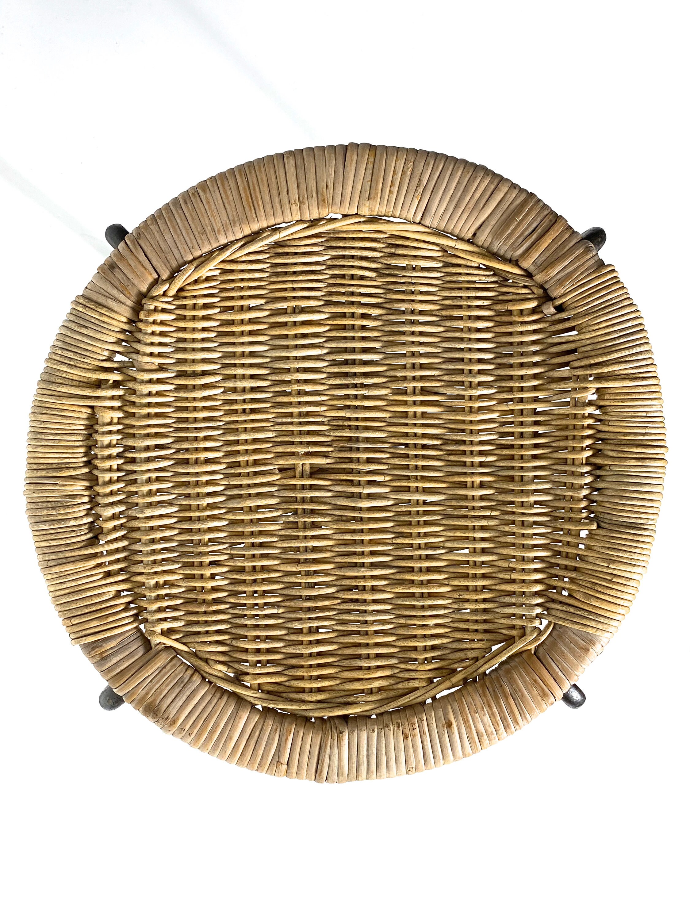 ON HOLD Set of Three Wicker Iron Stacking Tables or Stools 1950s