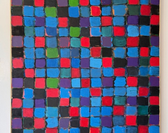 ON HOLD 66 x 48 Original Abstract Mid Century Modern Colorful Checkerboard Painting by Harold Feist 1970s