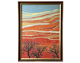Mid Century Modern Japanese Ceramic Tile Mosaic Landscape Framed Panel Wall Sculpture 1970s