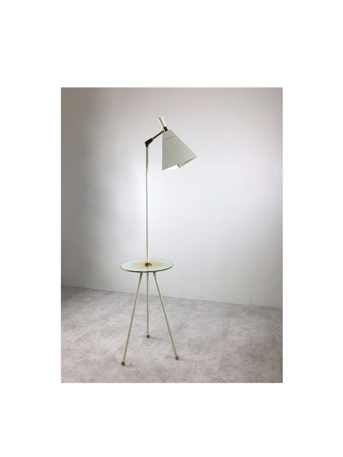 Rare Vintage White Brass Tripod Floor Lamp W Glass Table