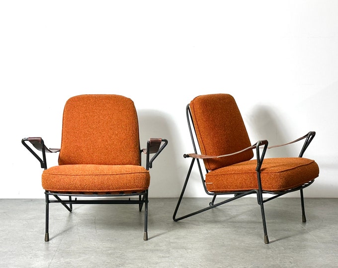 A Pair of Vintage Mid Century Mexican Modern Iron Leather Lounge Chairs 1950s