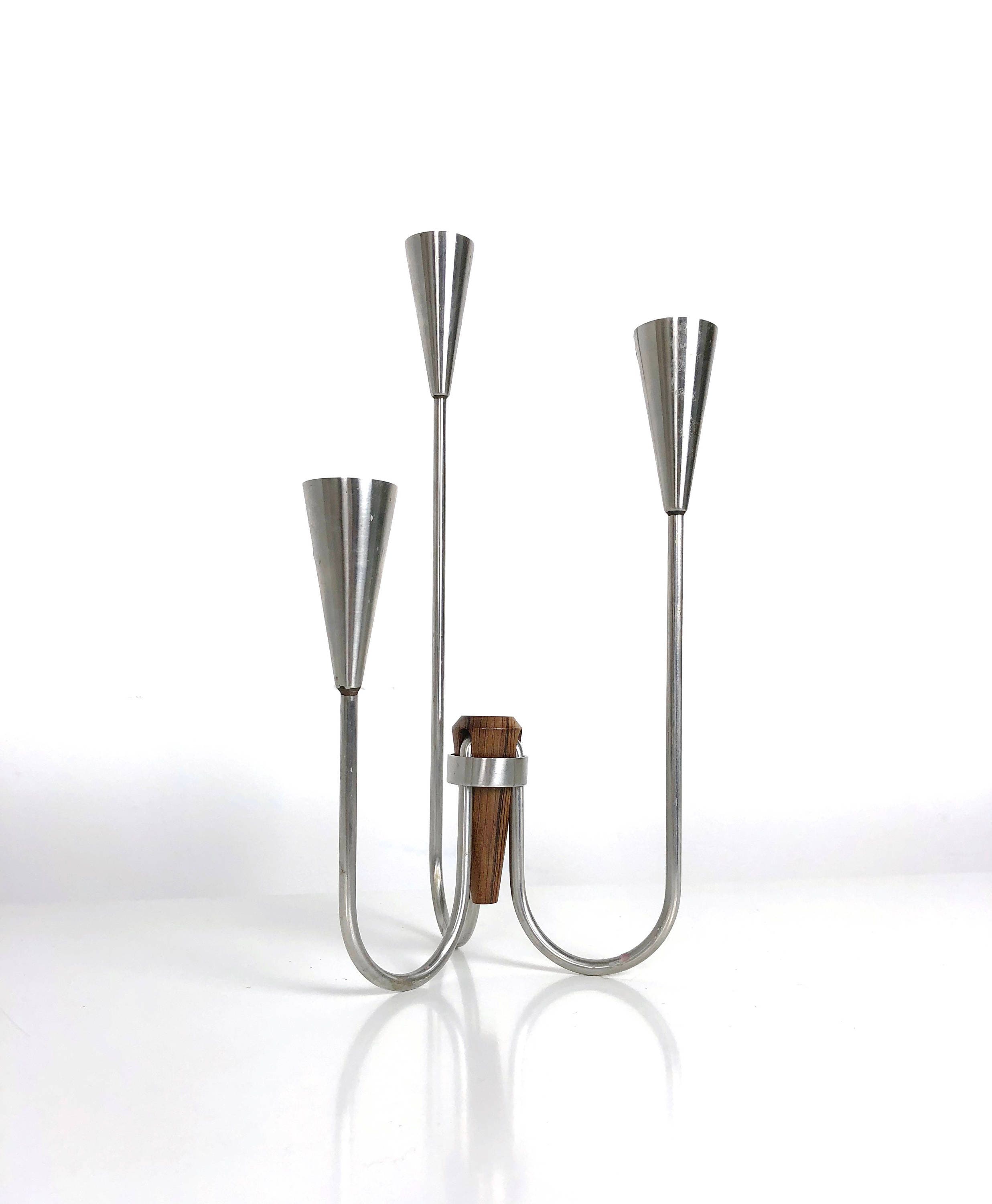 Scandinavian Stainless Steel & Rosewood Candle Holder 1960's