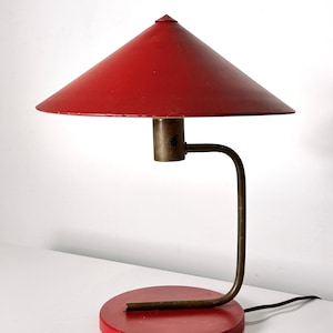 Vintage Walter Von Nessen Red Aluminum and Brass Canopy Table Lamp Art Deco 1930s image 3