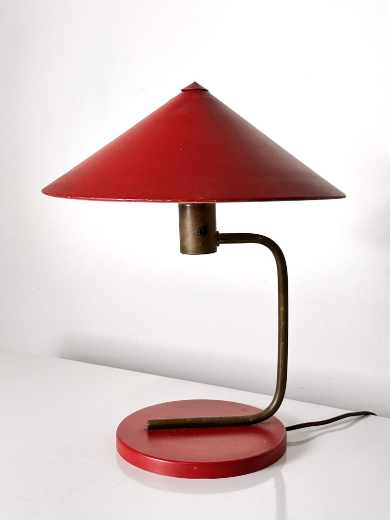 Vintage Walter Von Nessen Red Aluminum and Brass Canopy Table Lamp Art Deco 1930s image 3