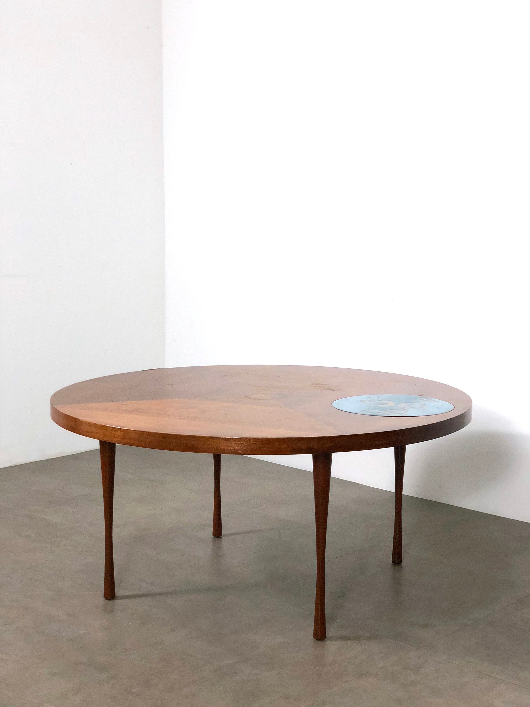 Vintage Walnut Enamel Round Coffee Table 1960 S Vintage Walnut Enamel Round Coffee, Vintage Round Coffee Table With Drawers