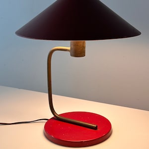 Vintage Walter Von Nessen Red Aluminum and Brass Canopy Table Lamp Art Deco 1930s image 4