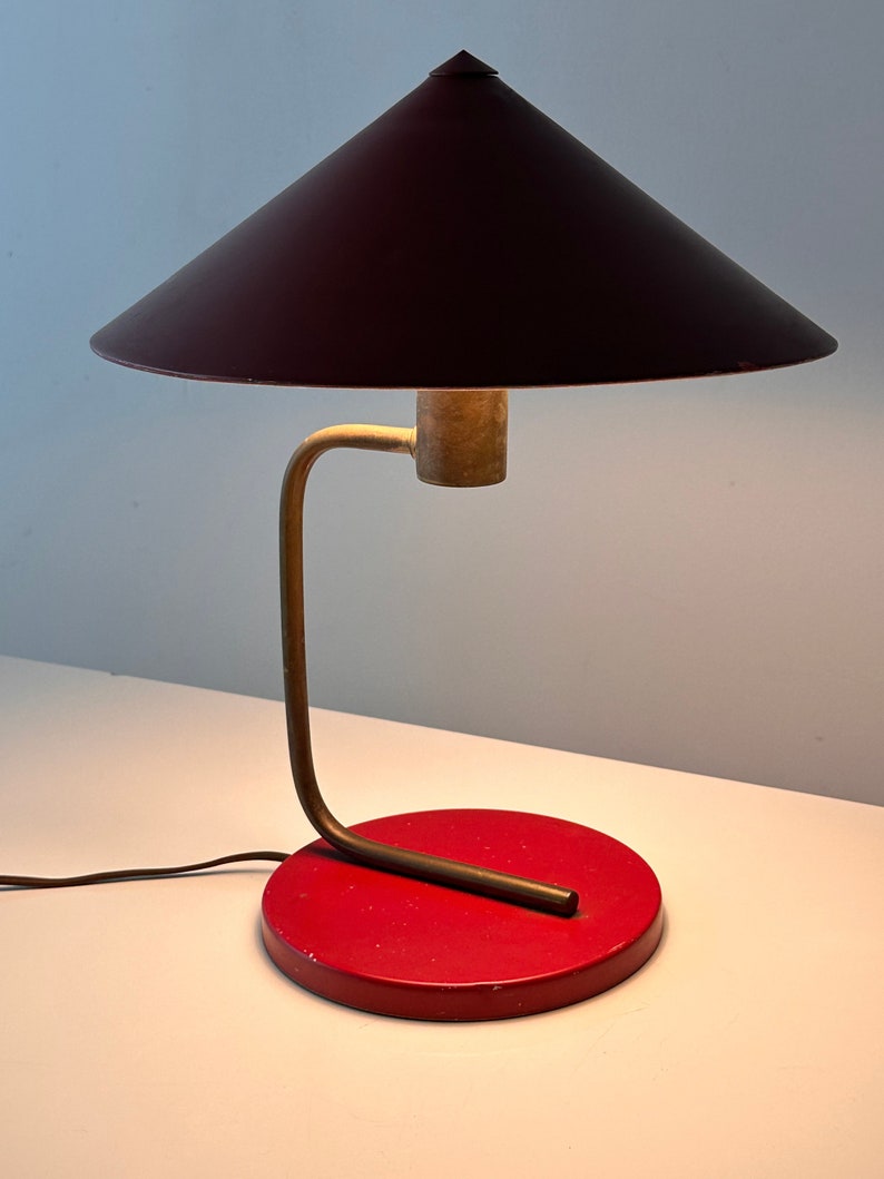 Vintage Walter Von Nessen Red Aluminum and Brass Canopy Table Lamp Art Deco 1930s image 4