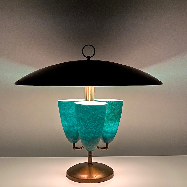 Large Modernist Brass Canopy Fiberglass Cone Table Lamp 1950s image 2
