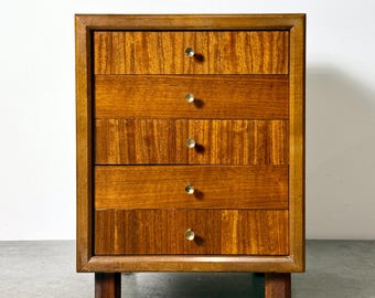 Mid Century Modern Chest of Drawers Side Table in Walnut with Brass Hourglass Pulls 1960s