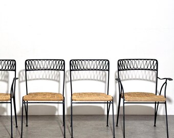 Set of Four Maurizio Tempestini Iron and Woven Rope Ribbon Chairs for Salterini Mid Century Modern 1950s
