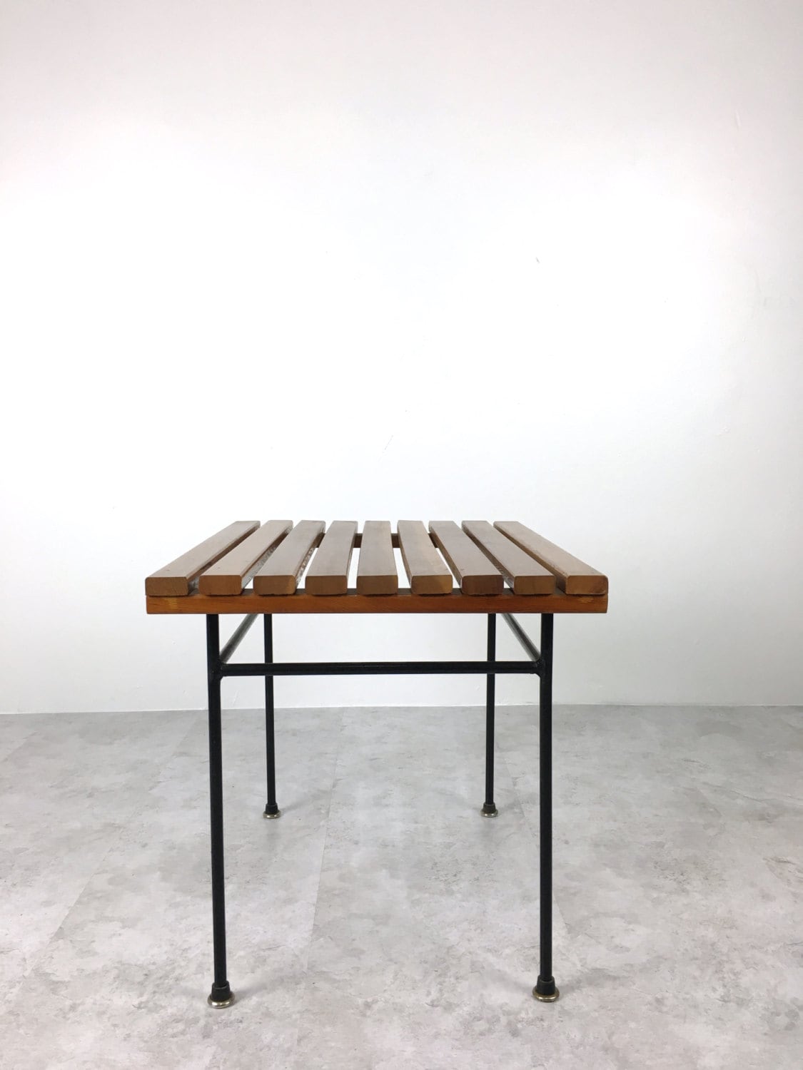 ON HOLD Vintage Mid Century Modern Wood Slat Iron Bench End Side Table