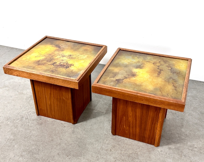 Vintage Pair John Keal Brown Saltman Walnut & Glass End Side Tables 1950s Mid Century Modern