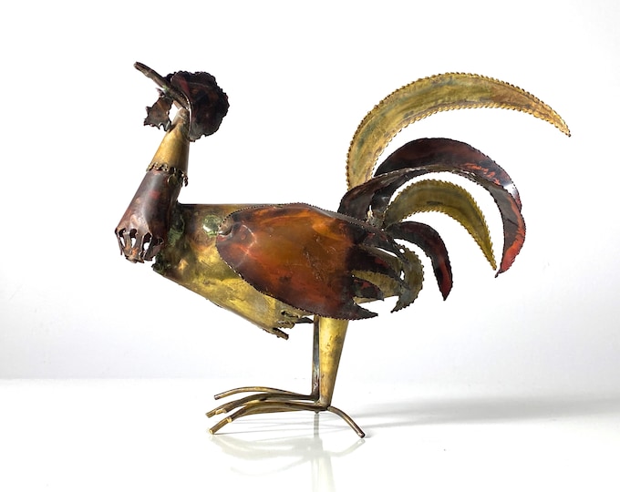 Mid Century Mixed Metal Brutalist Rooster Sculpture 1970s