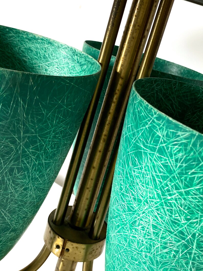 Large Modernist Brass Canopy Fiberglass Cone Table Lamp 1950s image 9