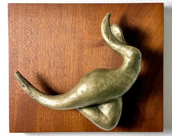 Mid Century Modern Abstract Bronze Sculpture on Walnut Wall Hanging Panel 1970's