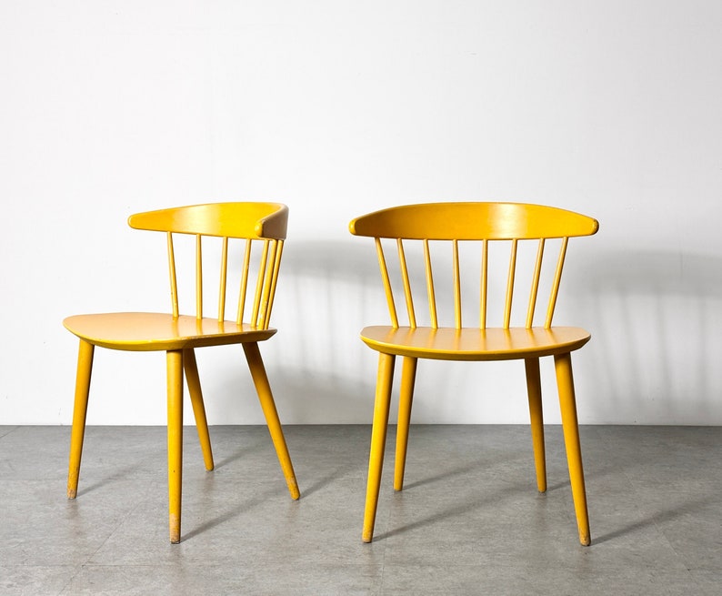 Vintage Pair Yellow Spindle Back Danish Chairs 1960s Mid Century Modern Scandinavian image 1