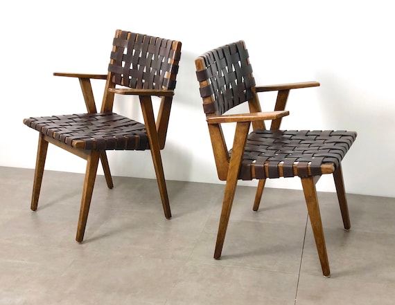 PAIR Mid Century Modern Leather Webbed Chairs, 1940's1950's PAIR Mid Century Modern Leather Webbed Chairs, 1940's1950's