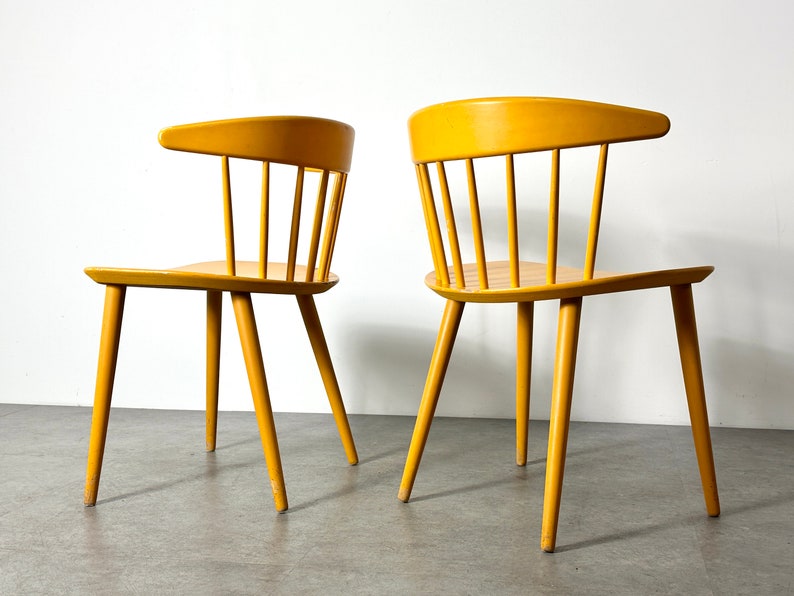 Vintage Pair Yellow Spindle Back Danish Chairs 1960s Mid Century Modern Scandinavian image 3