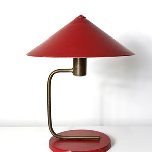 Vintage Walter Von Nessen Red Aluminum and Brass Canopy Table Lamp Art Deco 1930s image 2