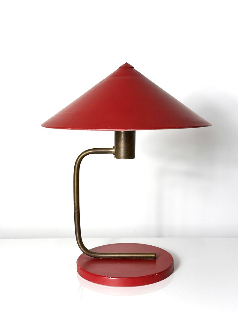 Vintage Walter Von Nessen Red Aluminum and Brass Canopy Table Lamp Art Deco 1930s image 2