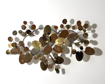 Curtis Jere Patinated Brass Lily Pad Abstract Wall Hanging Sculpture Signed 1977