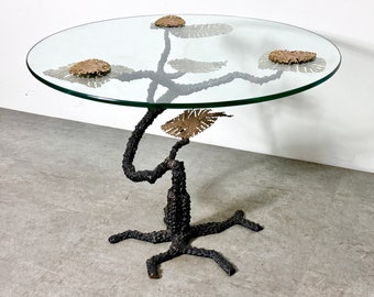 Vintage Bronze & Glass Brutalist Bosai Tree Side Table in the Manner of Silas Seandel