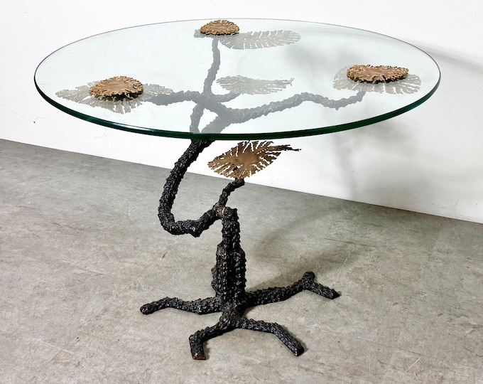Vintage Bronze & Glass Brutalist Bosai Tree Side Table in the Manner of Silas Seandel