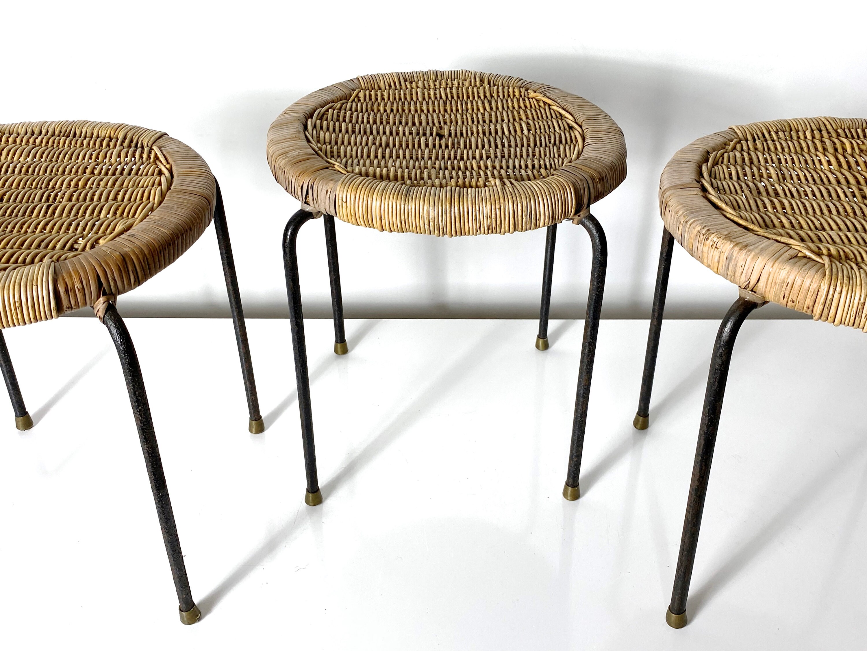 ON HOLD Set of Three Wicker Iron Stacking Tables or Stools 1950s