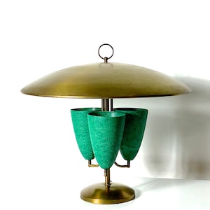 Large Modernist Brass Canopy Fiberglass Cone Table Lamp 1950s image 1