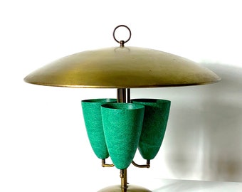 Large Modernist Brass Canopy Fiberglass Cone Table Lamp 1950s