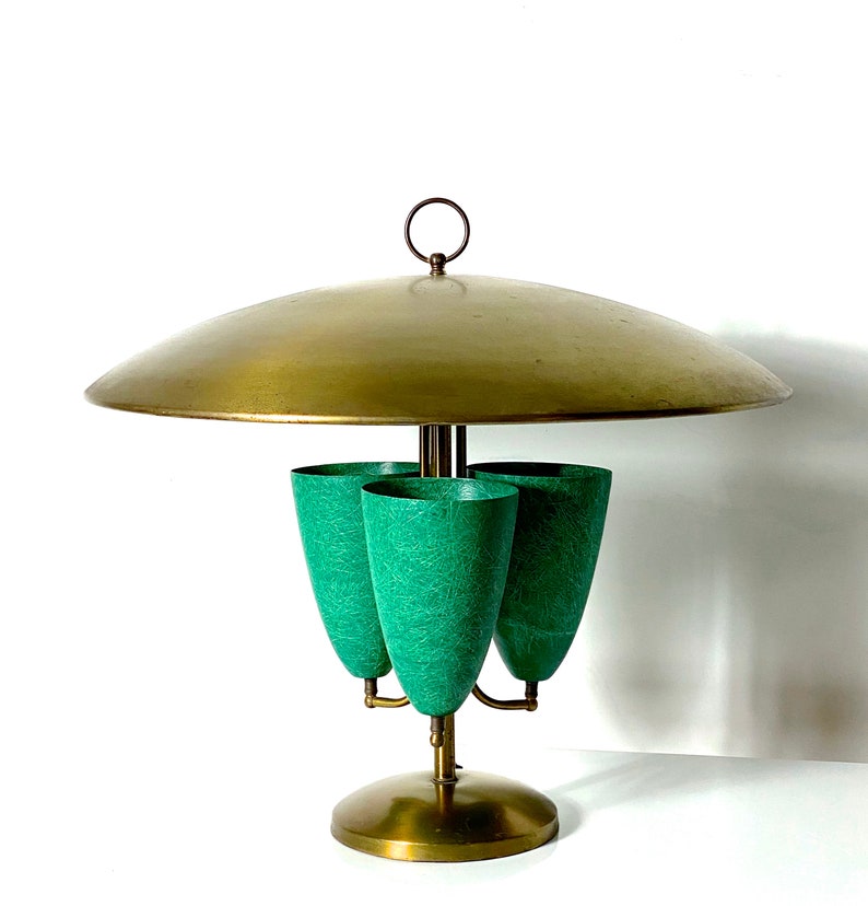 Large Modernist Brass Canopy Fiberglass Cone Table Lamp 1950s image 1