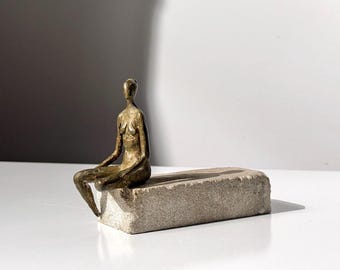 Small Mid Century Modern Abstract Bronze Figural Sculpture on Stone Base by Stephen Veresh 1970s