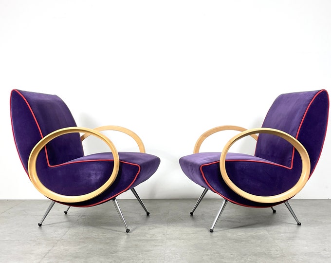 Vintage Pair Post Modern Chrome Italian Lounge Chairs Mid Century Modern Style 1990s