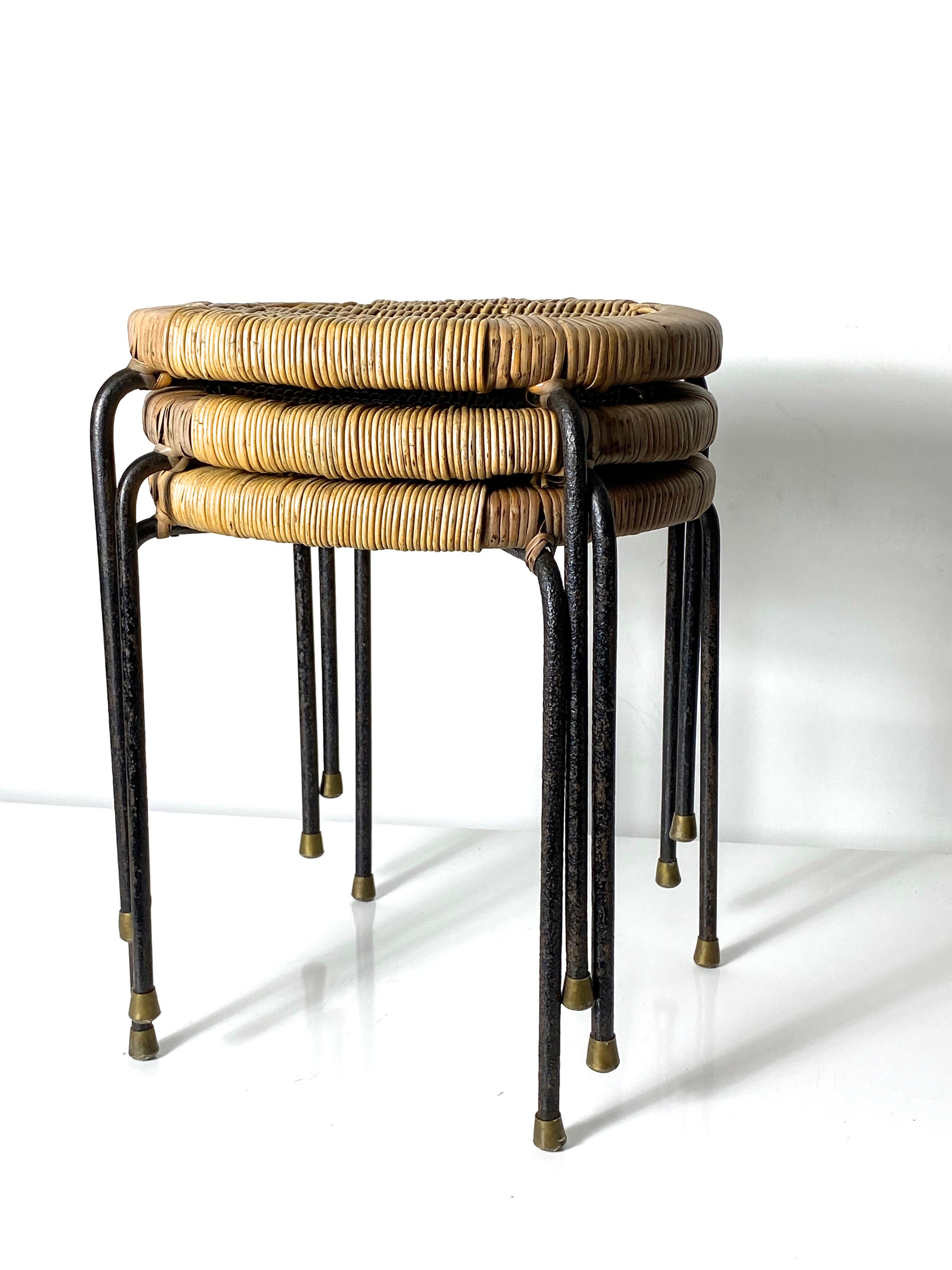 ON HOLD Set of Three Wicker Iron Stacking Tables or Stools 1950s