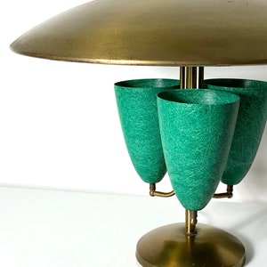 Large Modernist Brass Canopy Fiberglass Cone Table Lamp 1950s image 3