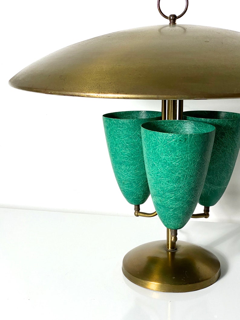 Large Modernist Brass Canopy Fiberglass Cone Table Lamp 1950s image 3