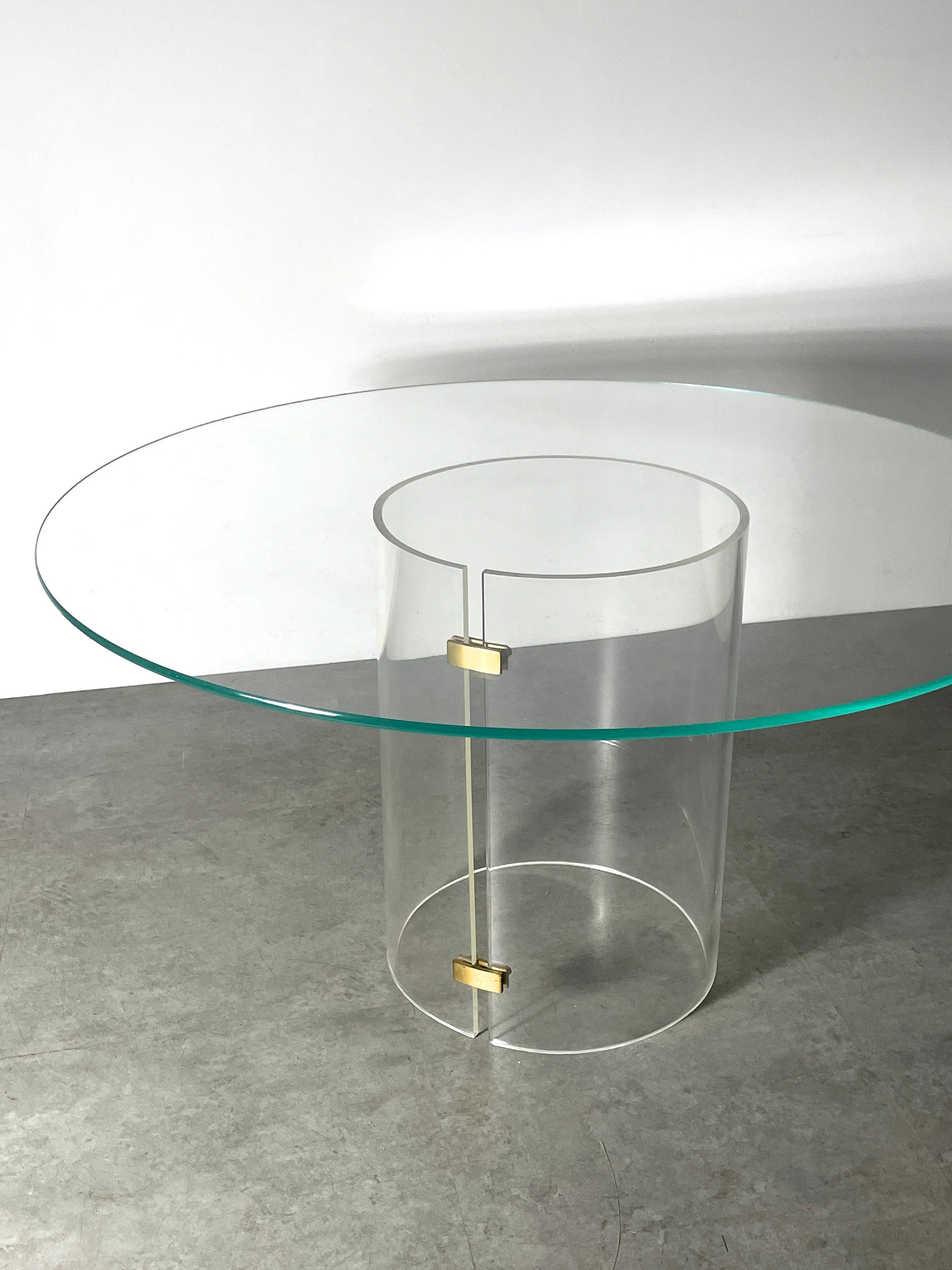 Vintage Mid Century Modern Lucite Brass Glass Round Pedestal Dining Table 1970s